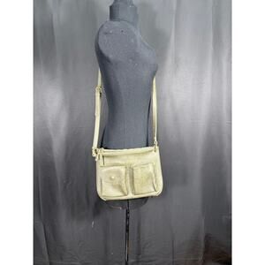 Anthropologie Army Green Double Pouch Crossbody Purse, Satchel, Bag Faux Leather